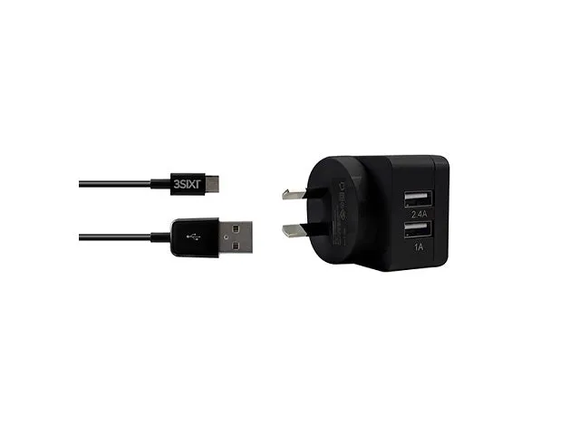 3sixT xDual USB AC Charger 3.4A   Micro USB - 1.0m - Black