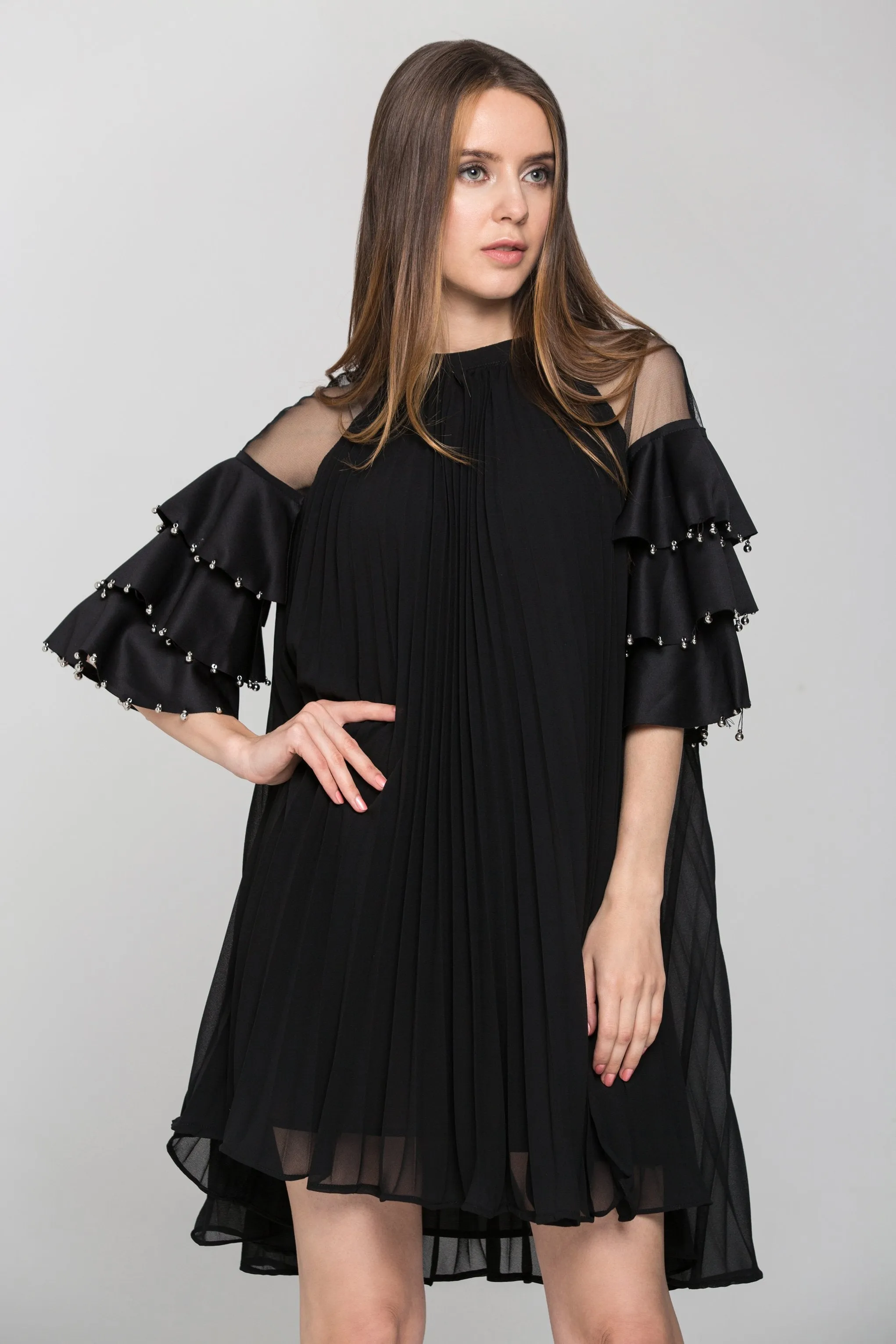 Black Chiffon Tiered Sleeves Pleated Tent Midi Dress