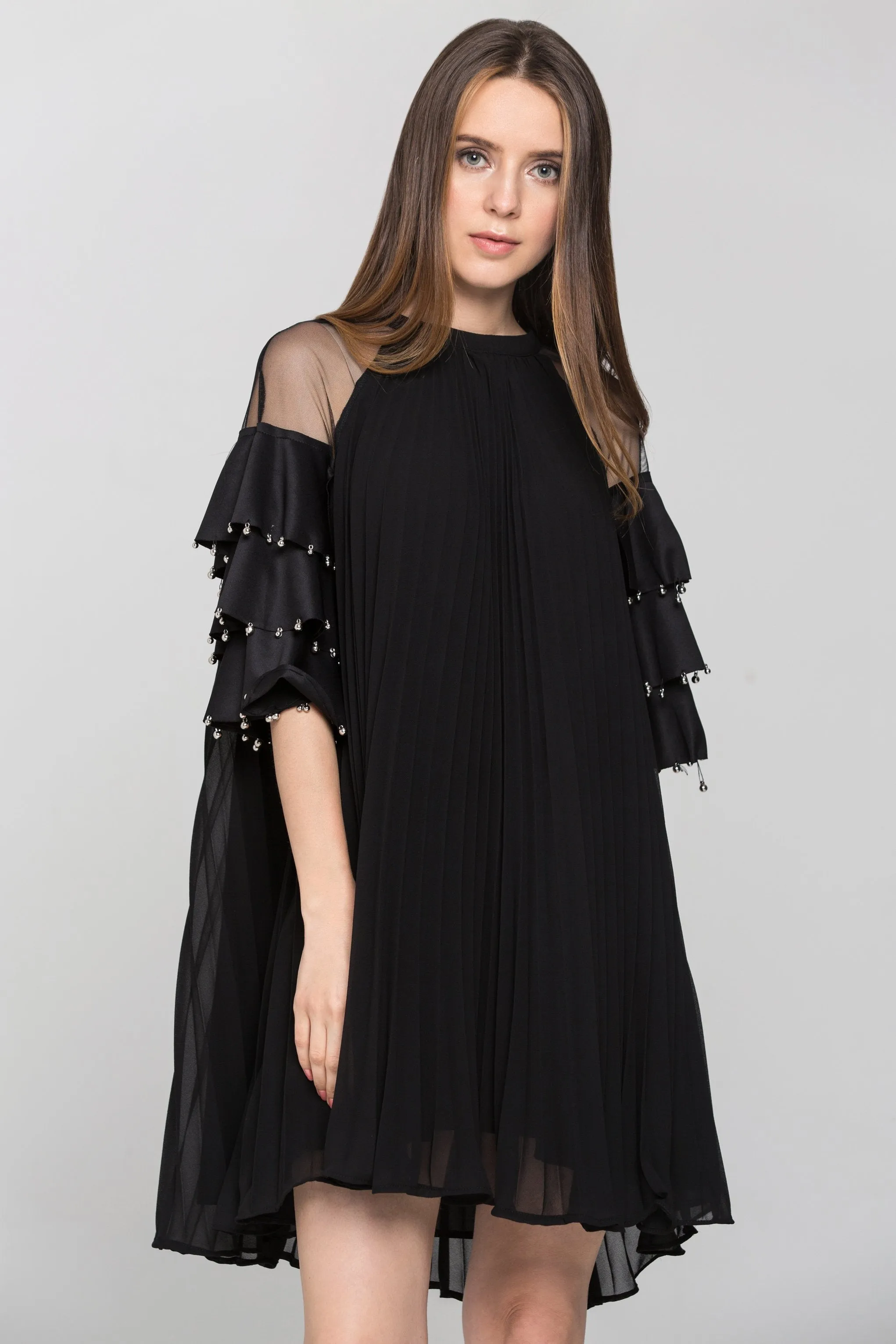 Black Chiffon Tiered Sleeves Pleated Tent Midi Dress