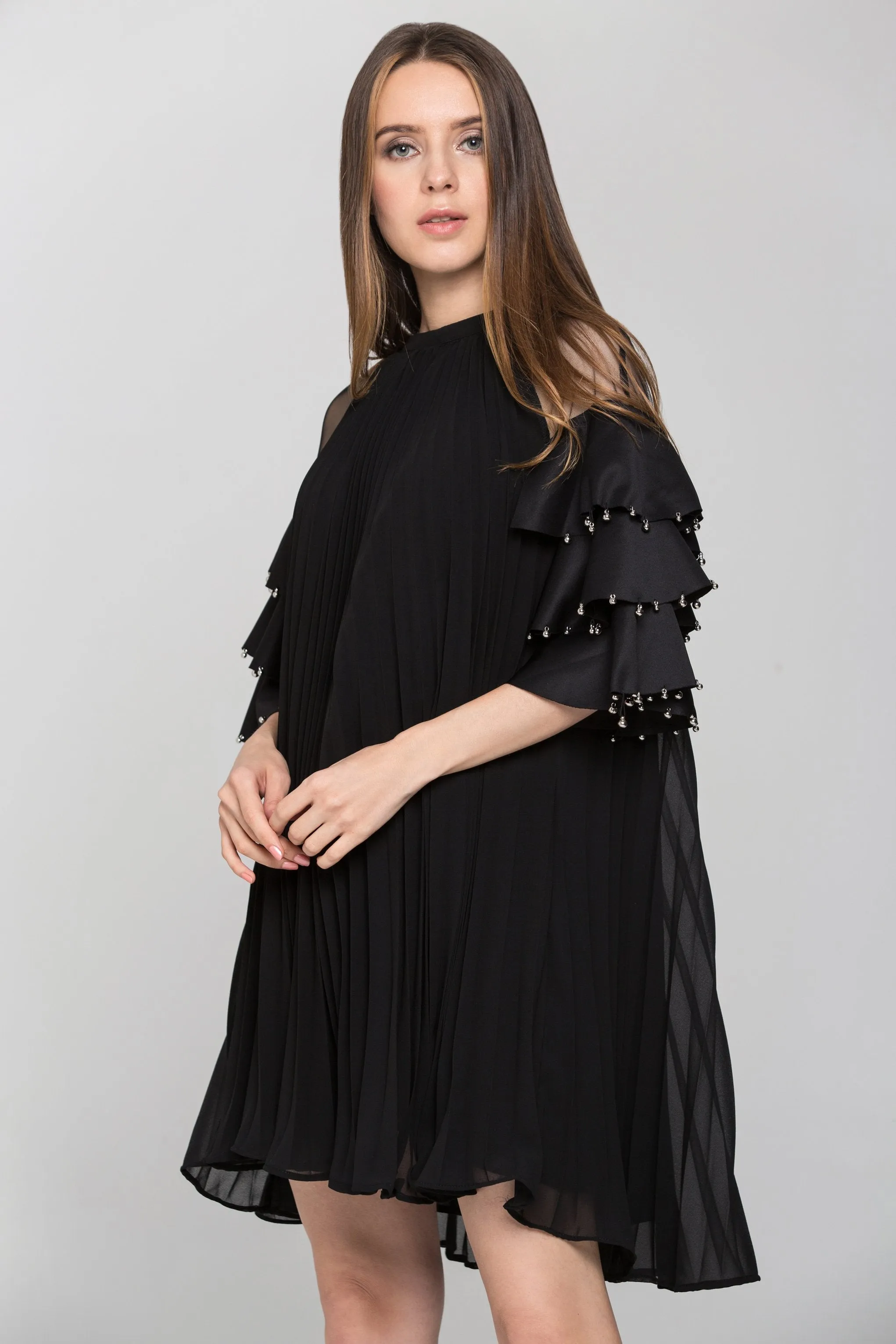 Black Chiffon Tiered Sleeves Pleated Tent Midi Dress