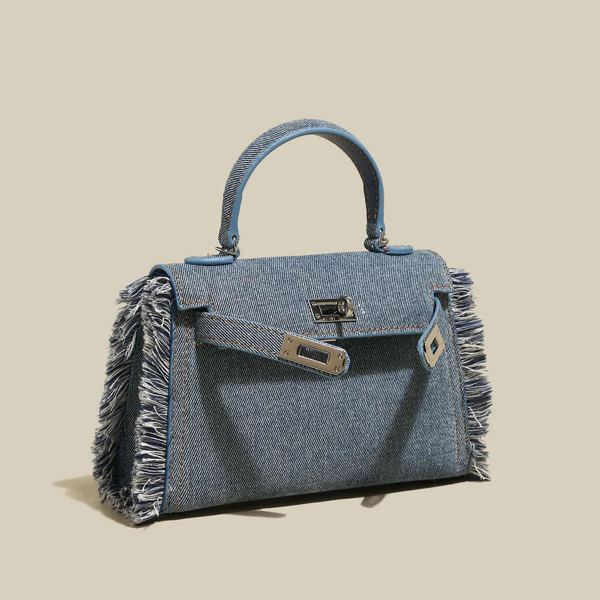 Blue Fringe Denim Satchel Bag