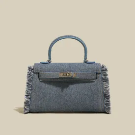 Blue Fringe Denim Satchel Bag