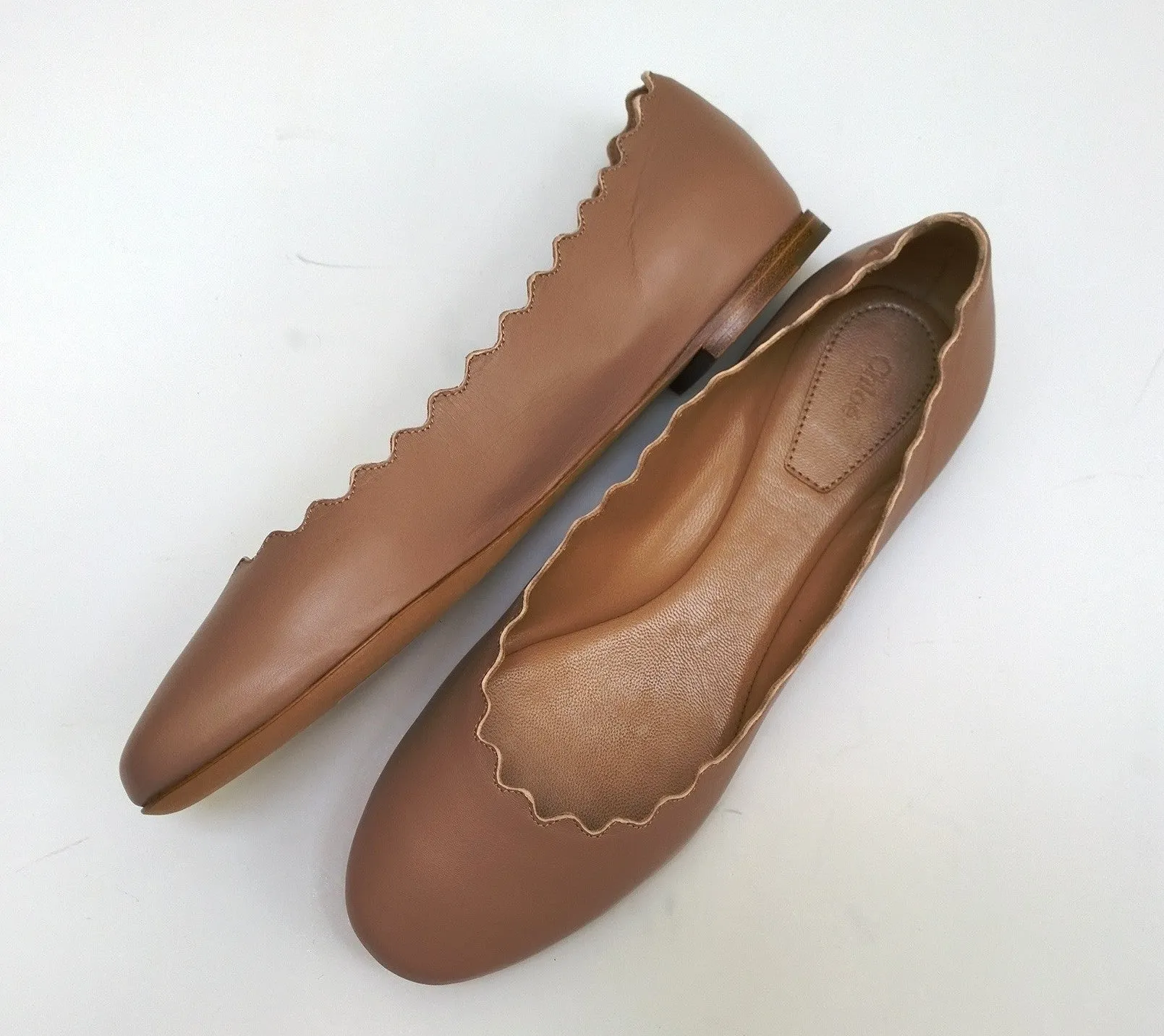 Chloé Lauren Scalloped Edge Leather Flats Pink Tea Taupe Shoes